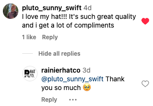 Instagram comment from pluto_sunny_swift - I love my hat!!! It's such great quality and i get a lot of compliments